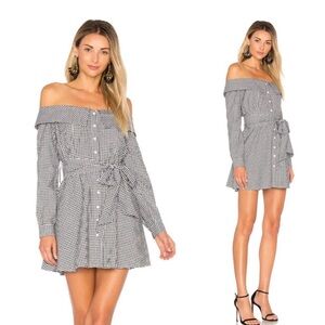 Revolve L'Academie Jane Gingham Button Up Off Shoulder Tie Waist Dress NEW